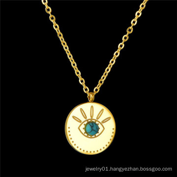 Retro Fashion Stainless Steel Round Turquoise Beads Eye Design Coin Necklace for Women